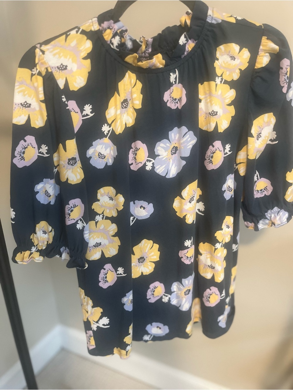 Loft Outlet Floral Puff-Sleeve Shirt- Blue with Yellow & Lavender Flowers